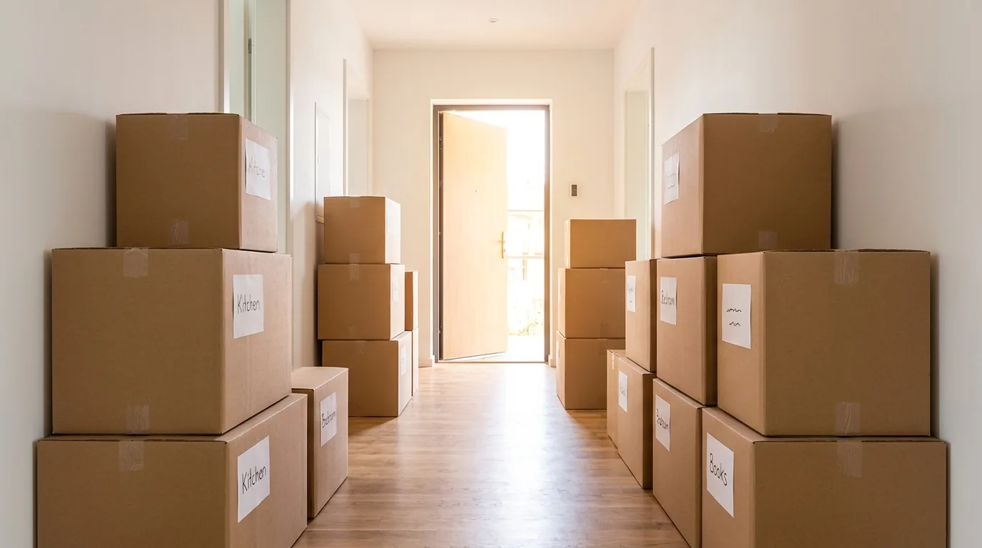 Fertig gepackte und beschriftete Kartons stehen bereit im Flur einer Wohnung