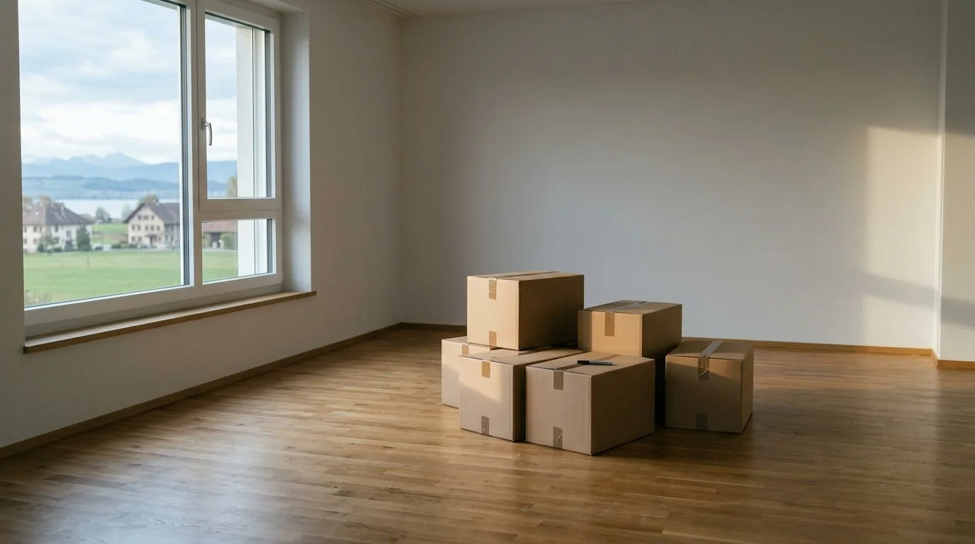 Leere Wohnung mit wenigen Kartons, bereit fuer den Umzug